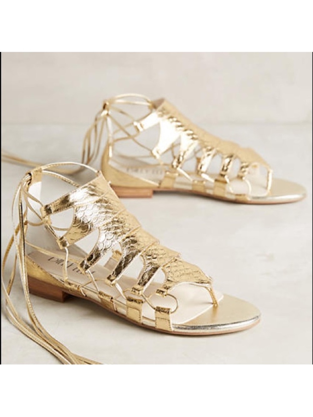 Anthropologie Billy Ella Embossed Metallic Gold Lace-Up Gladiator Sandals